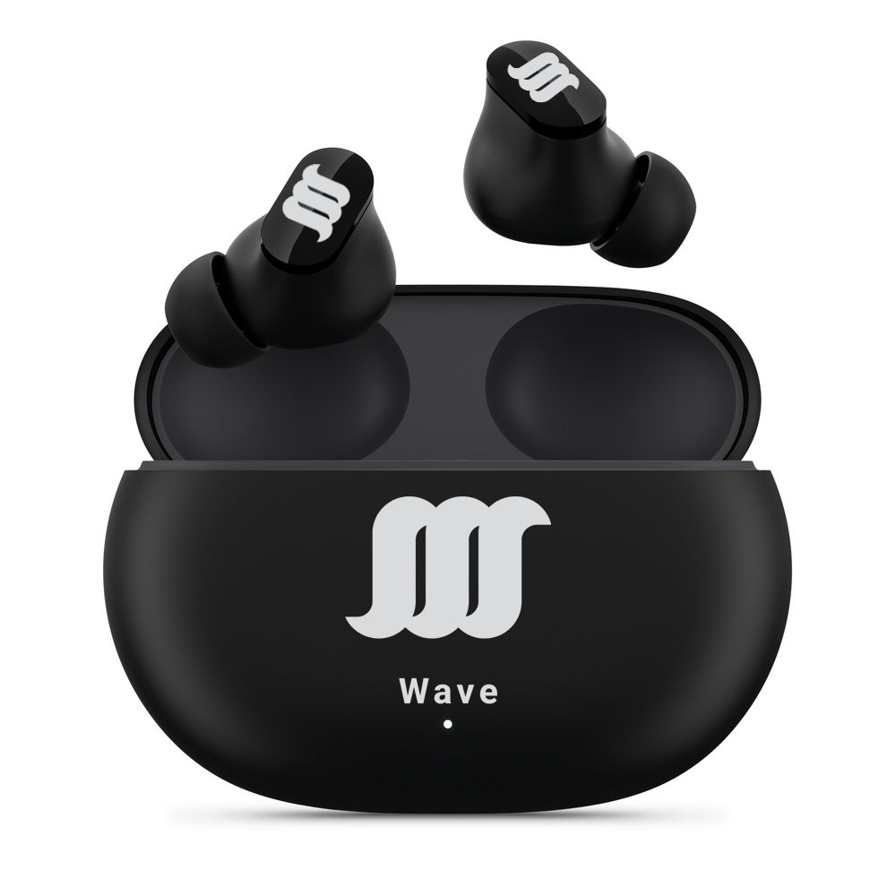 Black WaveBuds case with earbuds floating above case.