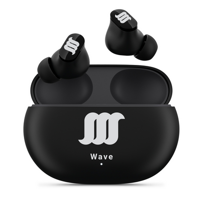 Black WaveBuds case with earbuds floating above case.