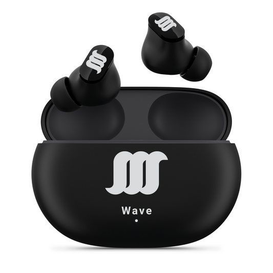 Black WaveBuds case with earbuds floating above case.