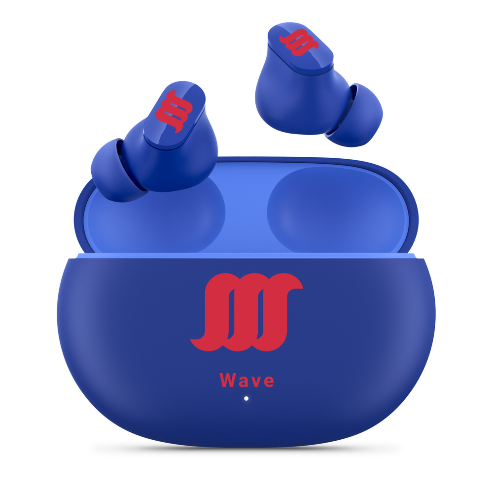 Blue WaveBuds with earbuds floating above case. 