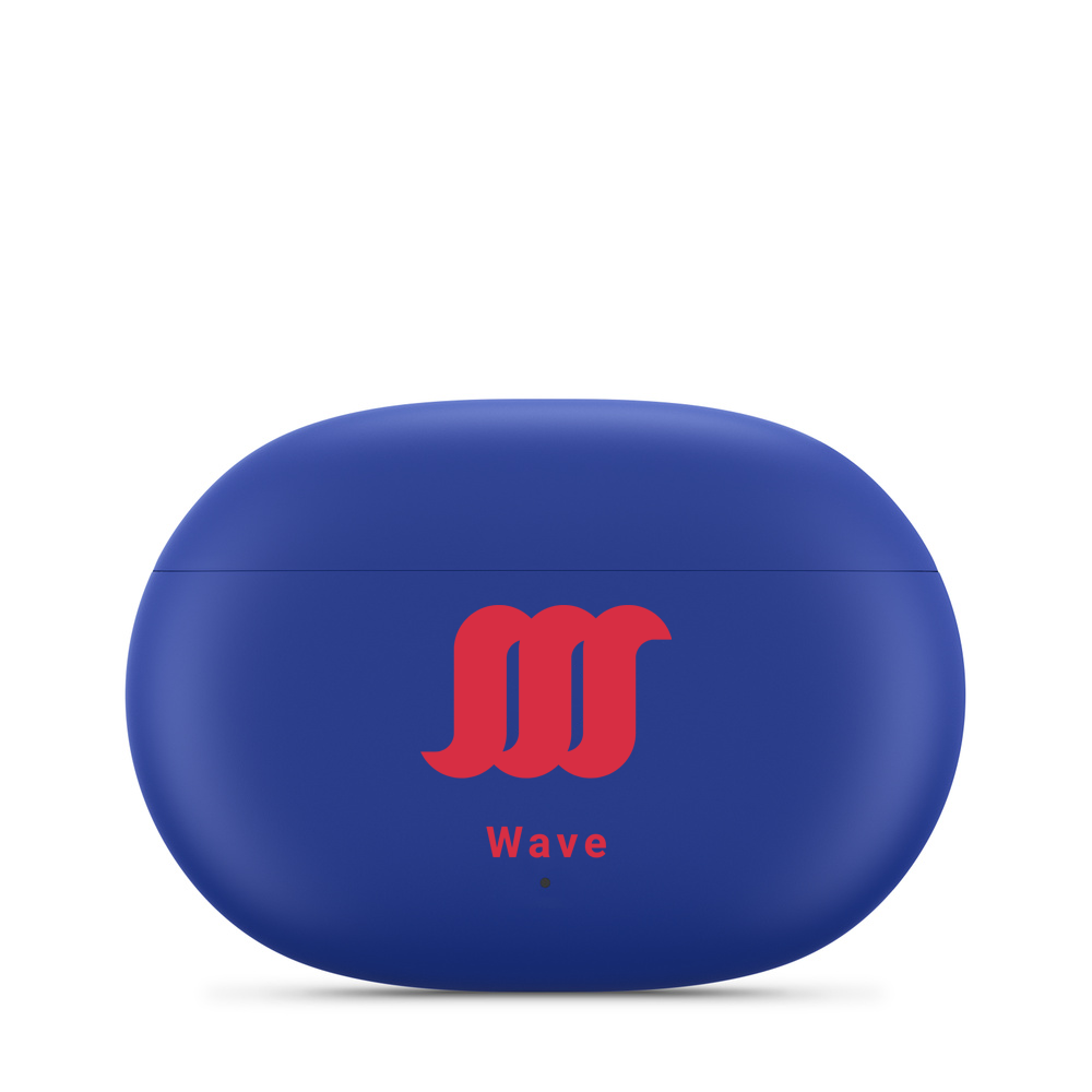 Blue WaveBuds with case closed. 