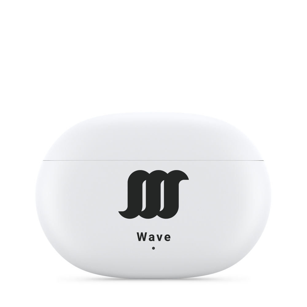 White WaveBuds with case closed. 