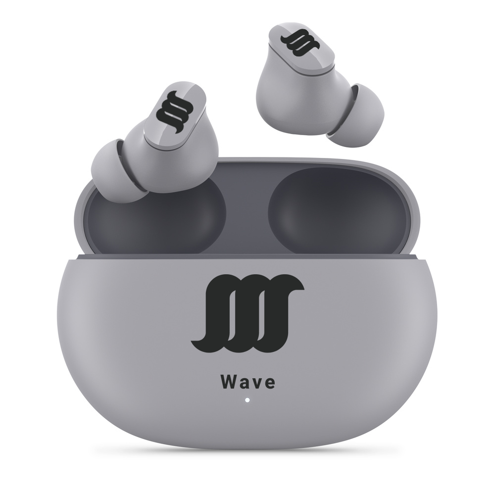 Grey WaveBuds with earbuds floating above case. 