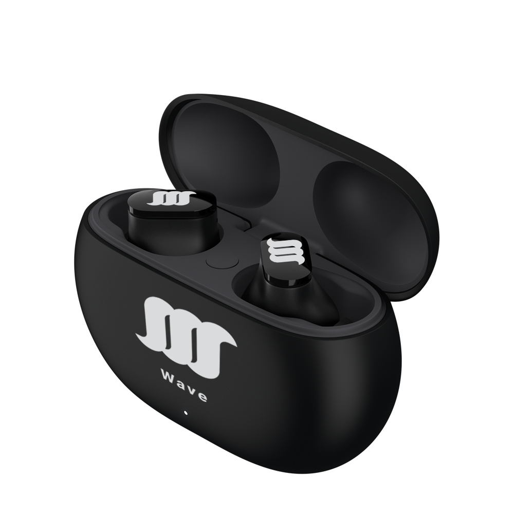 Black WaveBuds with case open 