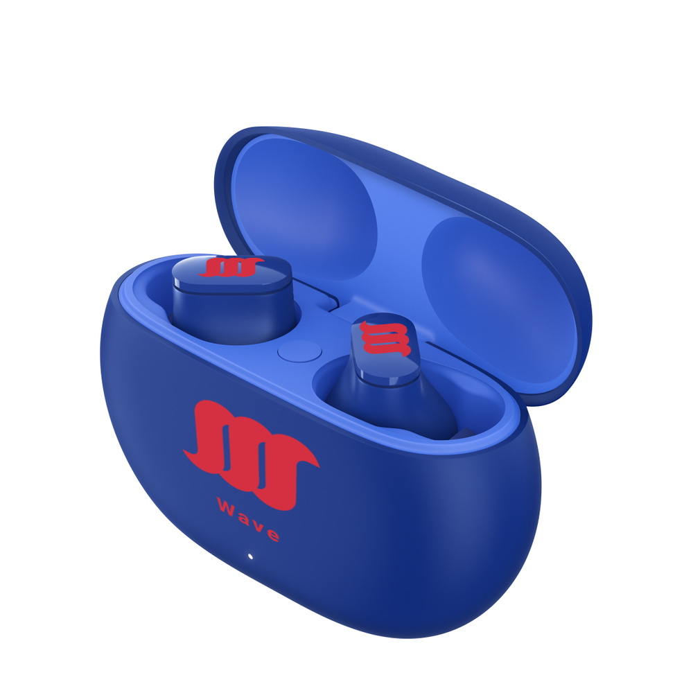 Blue WaveBuds with case open and earbuds stored.