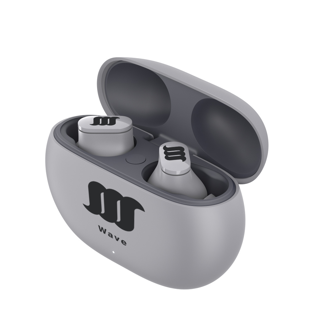 Grey WaveBuds with case open and earbuds stored. 