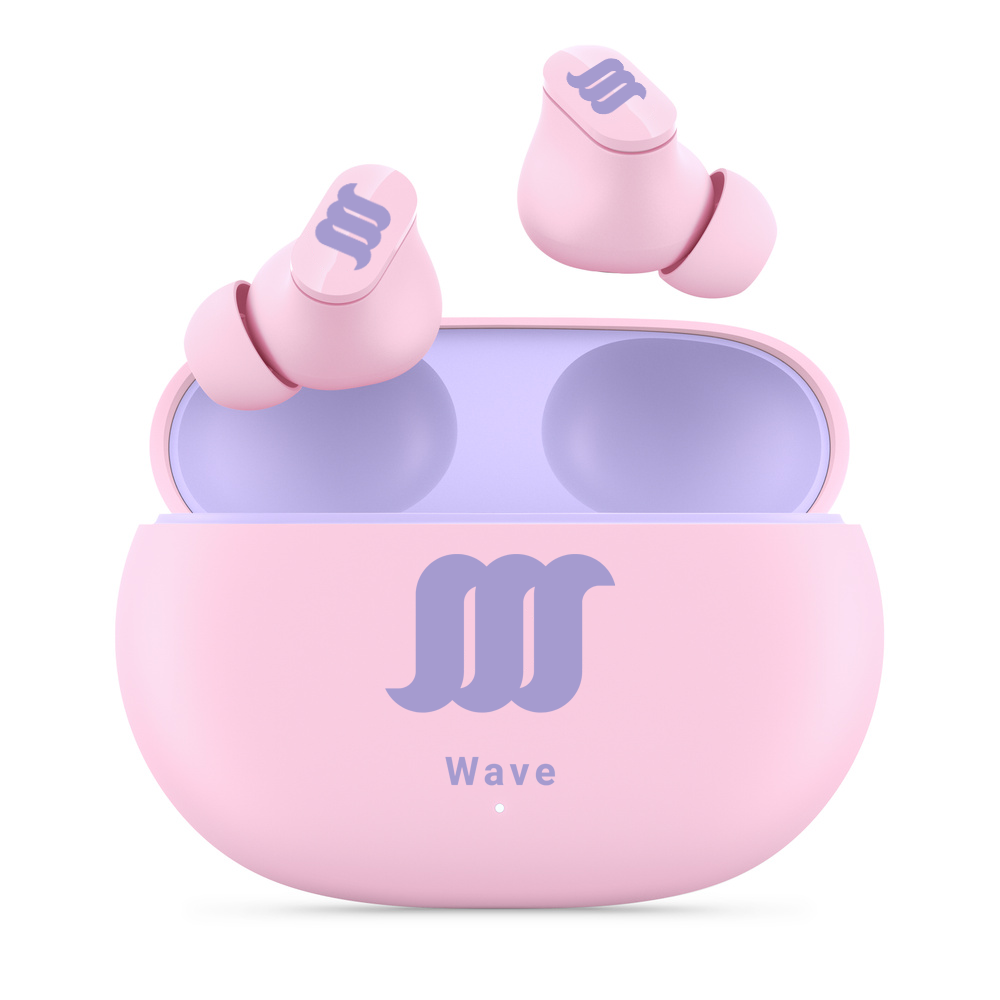 Pink WaveBuds with earbuds floating above case. 