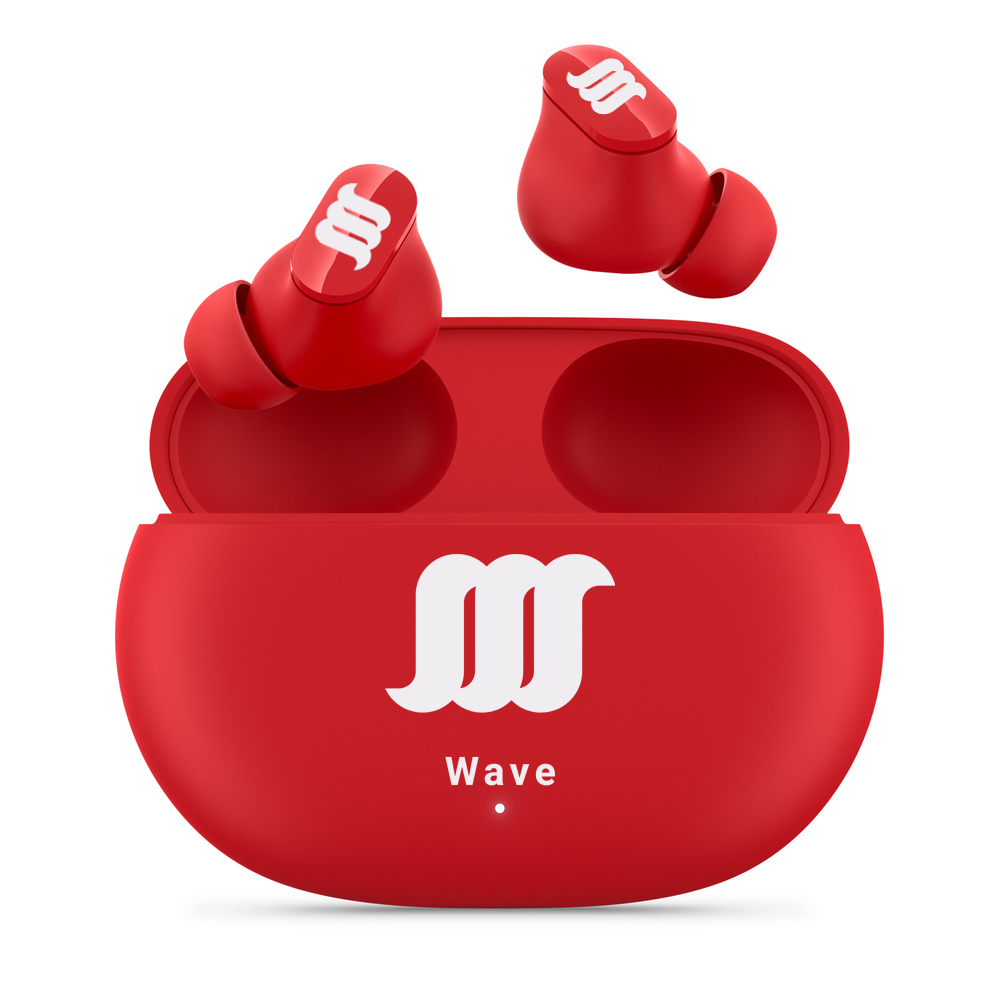 Red WaveBuds case with floating earbuds above. 