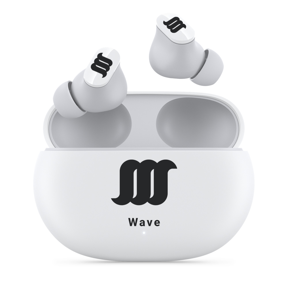 White WaveBuds with earbuds floating above case. 
