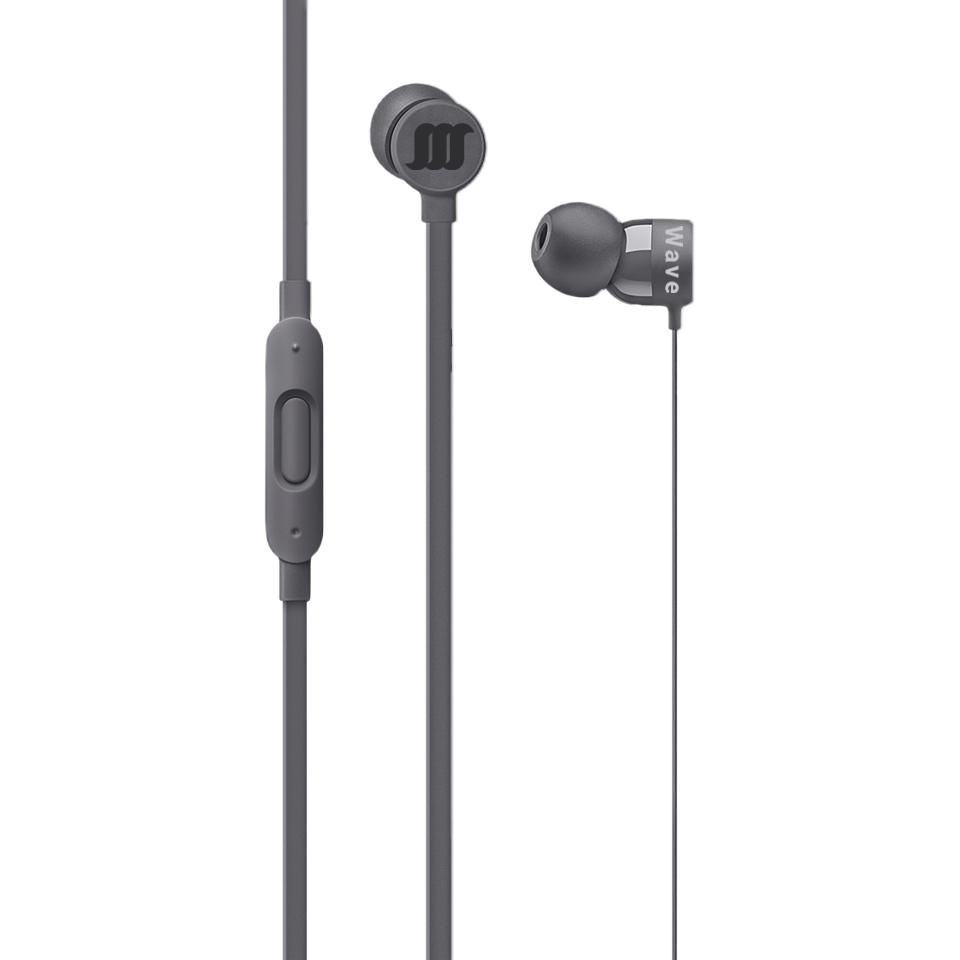 Close-up shot of black earbuds. 