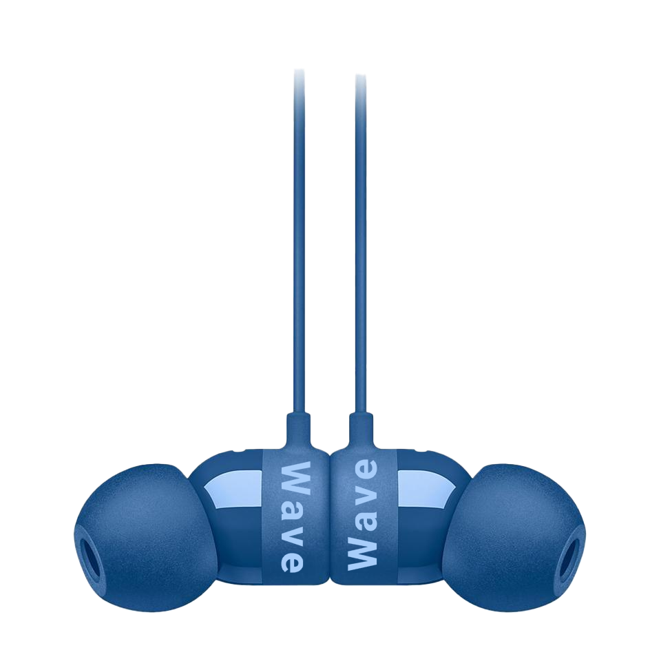 Close-up shot of blue earbuds.