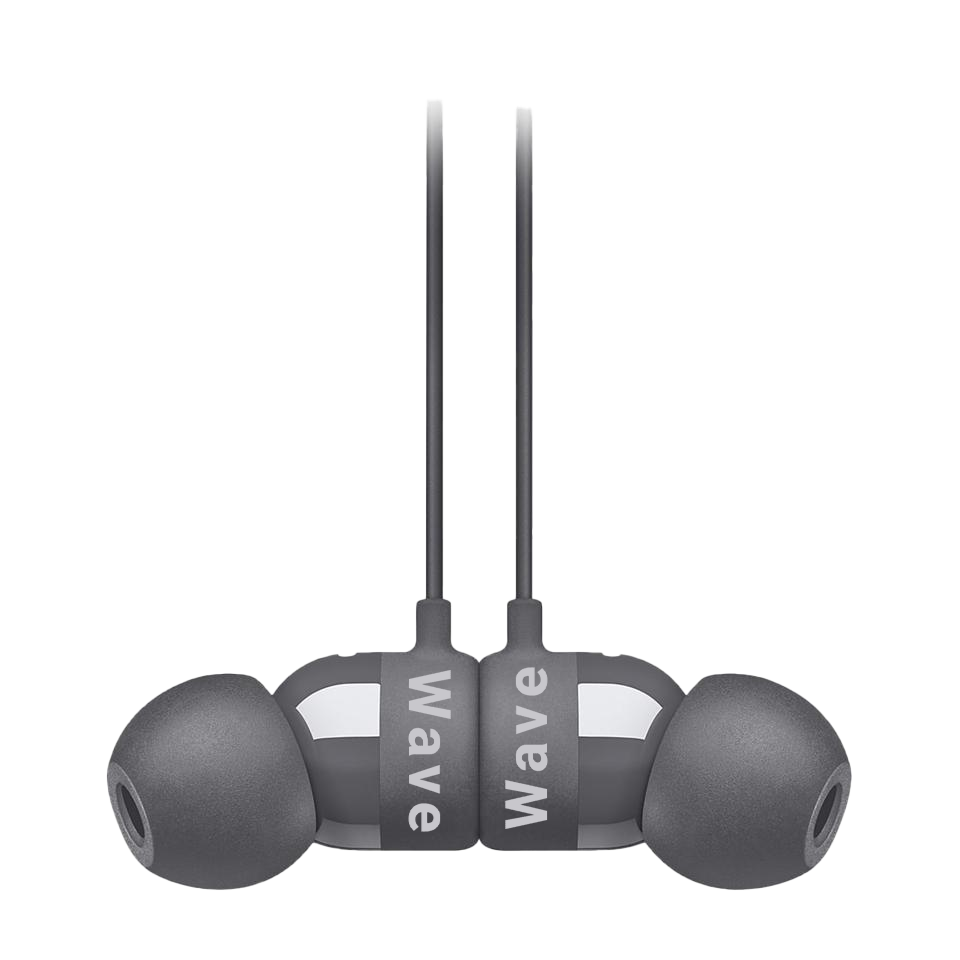 Close-up shot of black earbuds.