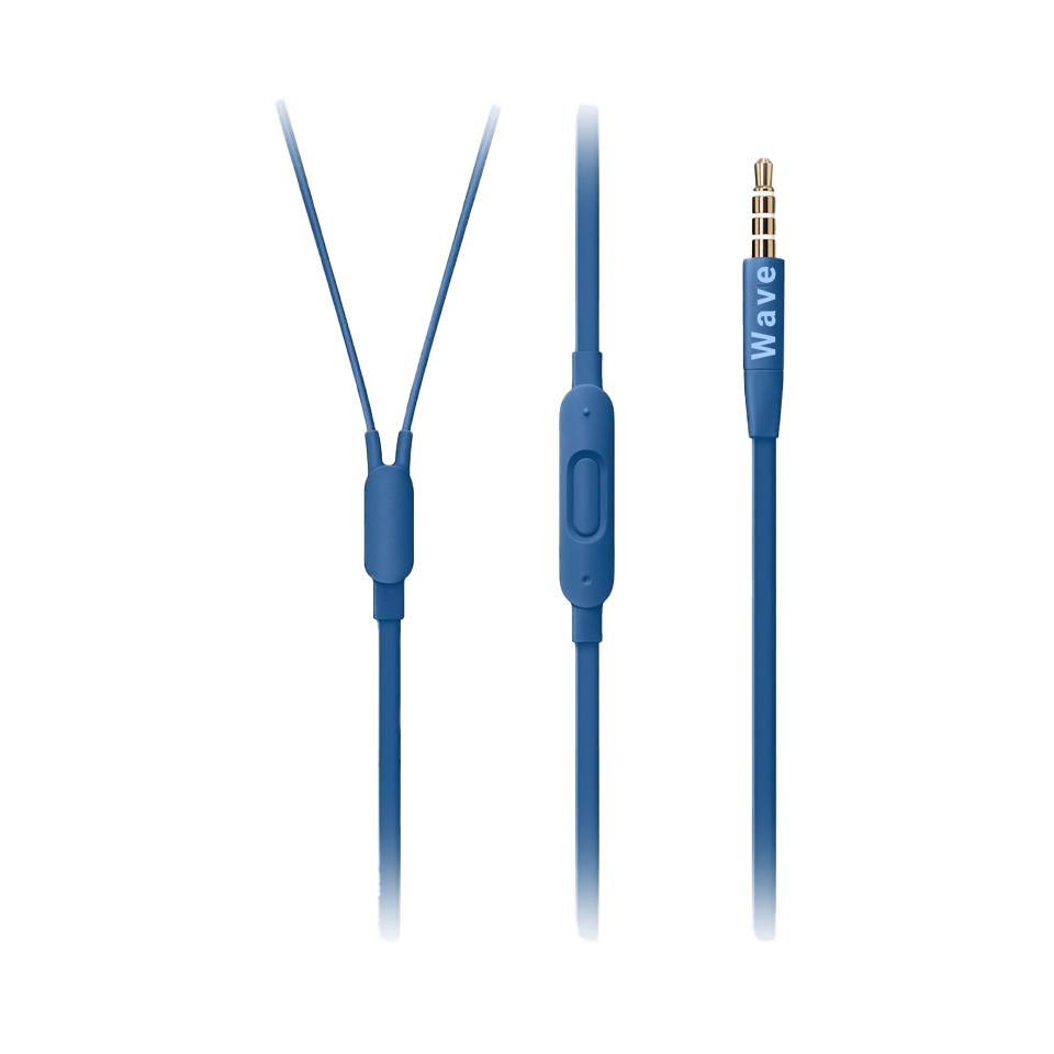 Close-up shot of blue WaveBuds wired controls. 
