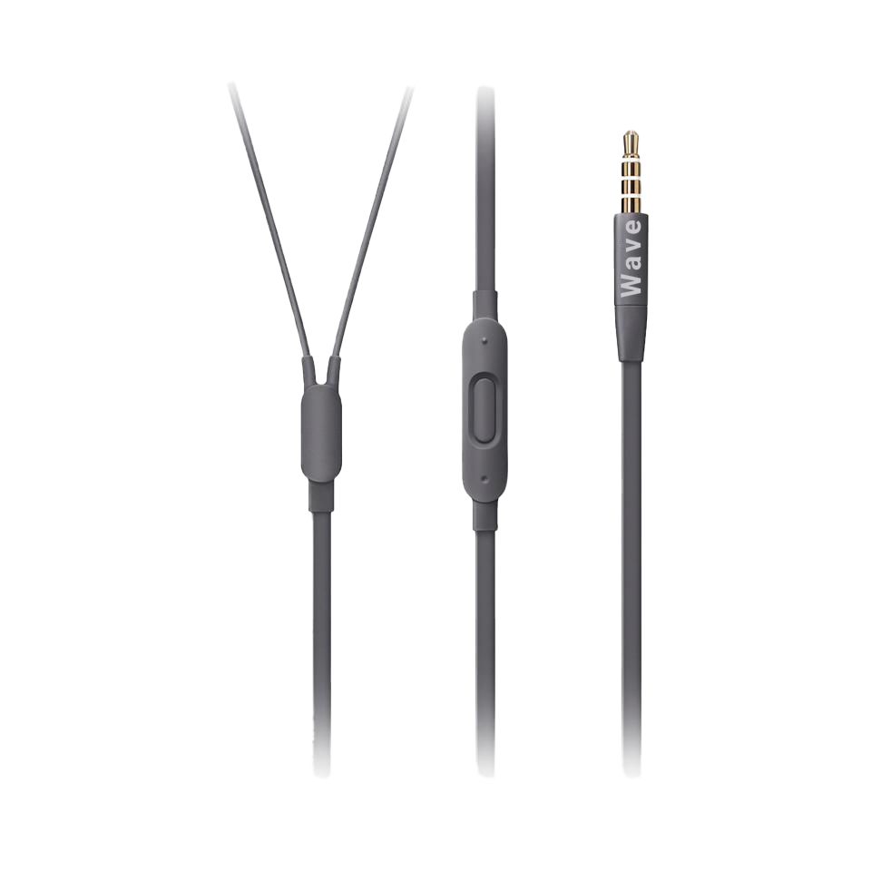 Close-up shot of black WaveBuds Wired controls.
